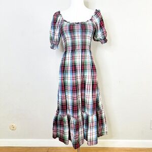 Hill House Home Nap Dress Size XS Multicolor Tartan Plaid Flannel Smocked Midi